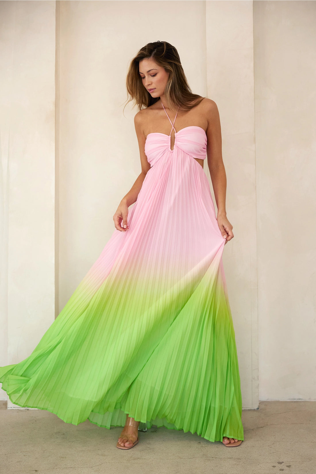 Halter neck pleated maxi dress online