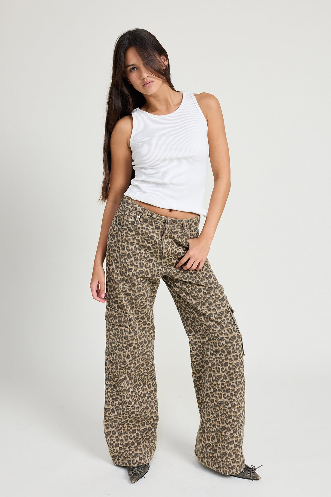 Mid Rise Wide Cargo Pants- Leopard