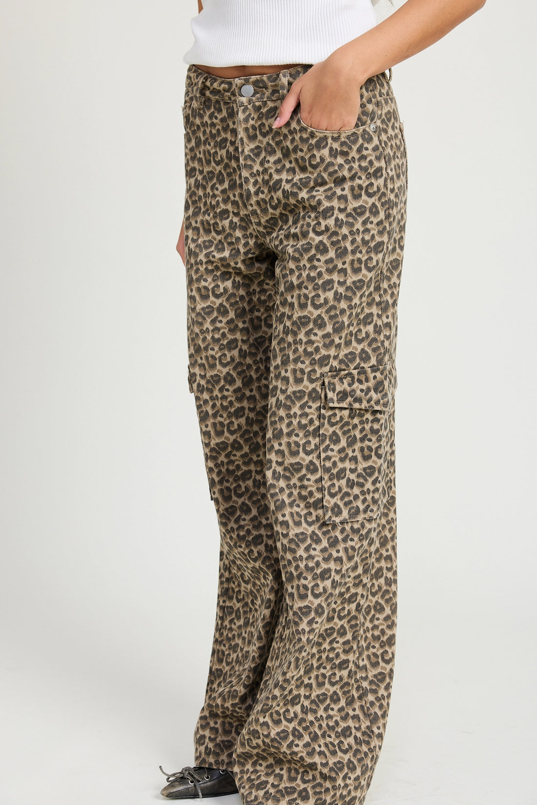 Mid Rise Wide Cargo Pants- Leopard