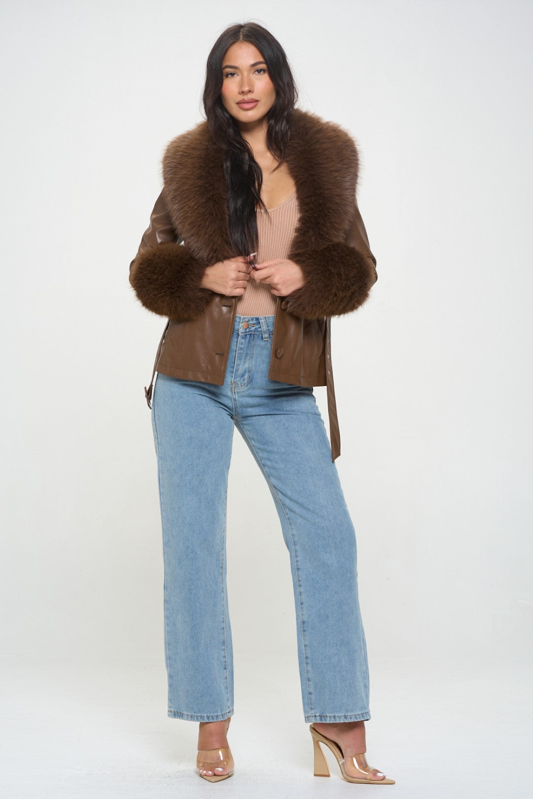 Short Faux Leather Coat with Detachable Fur