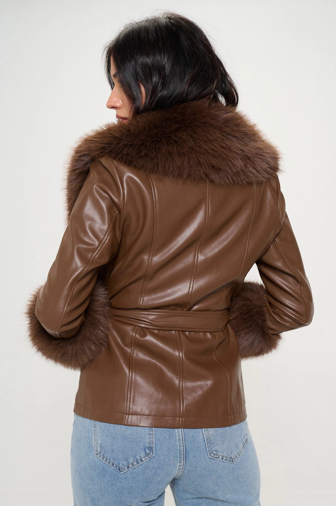 Short Faux Leather Coat with Detachable Fur