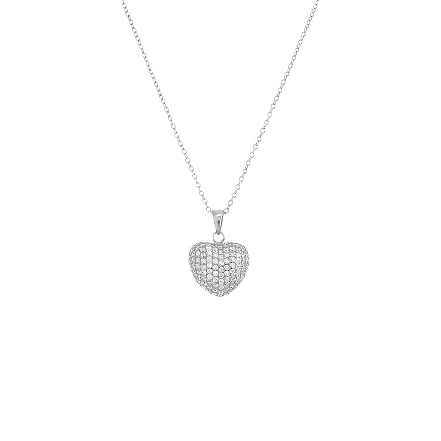 Silver Mini Pavé Puffy Heart Charm Necklace