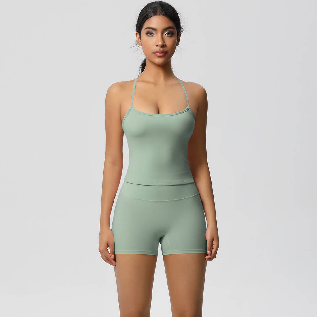 Women Workout Set: Quick Dry Sports Bra + High Waist Shorts: Dark Brown