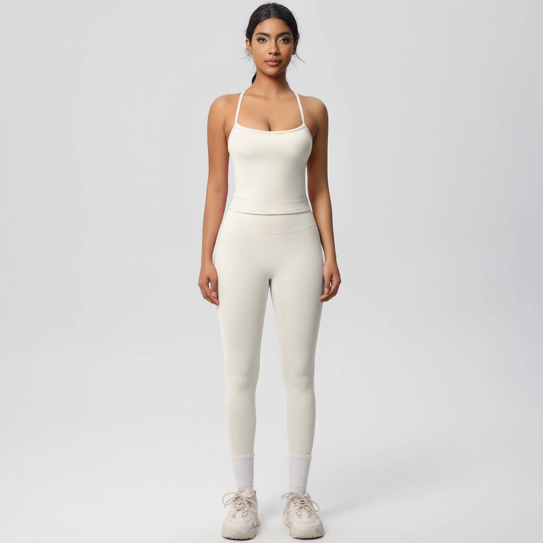 Women Tight Workout Set: Sports Bra + High Waisted Leggings: Dark Brown