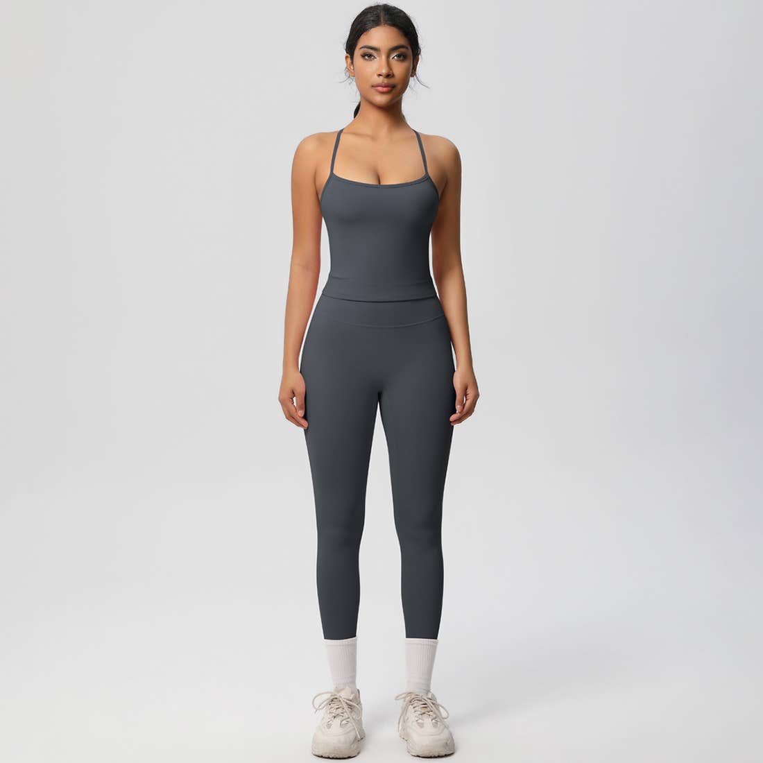 Women Tight Workout Set: Sports Bra + High Waisted Leggings: Dark Brown