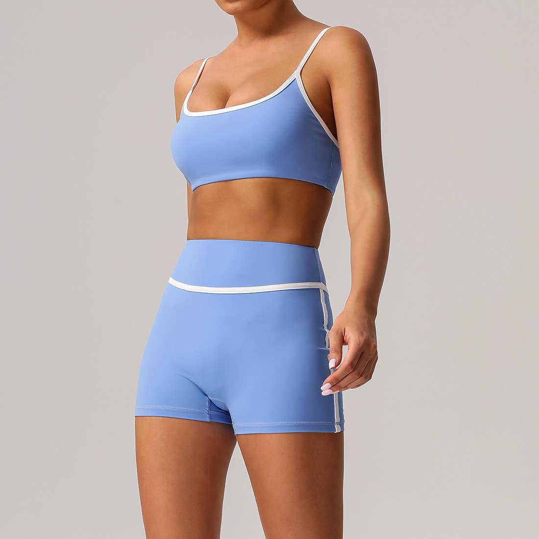 Women Color Block Sport Bra Fitness Shorts 2 Pcs Yoga Set: Blue