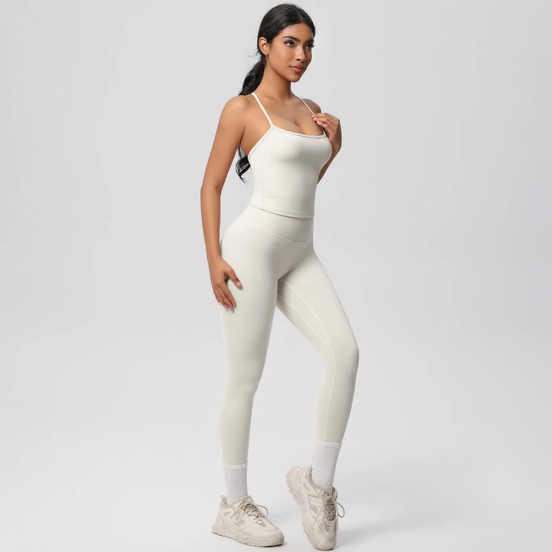 Women Tight Workout Set: Sports Bra + High Waisted Leggings: Dark Gray