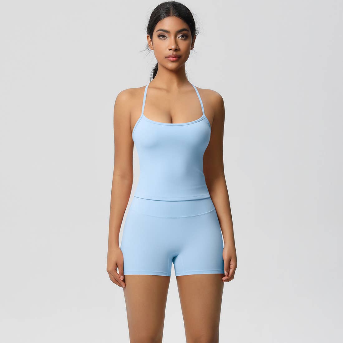 Women Workout Set: Quick Dry Sports Bra + High Waist Shorts: Dark Brown