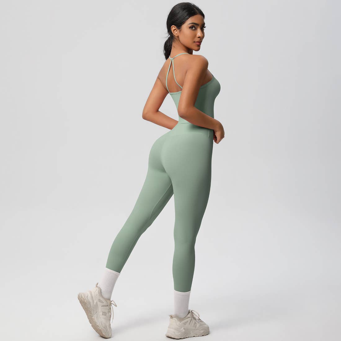 Women Tight Workout Set: Sports Bra + High Waisted Leggings: Dark Brown