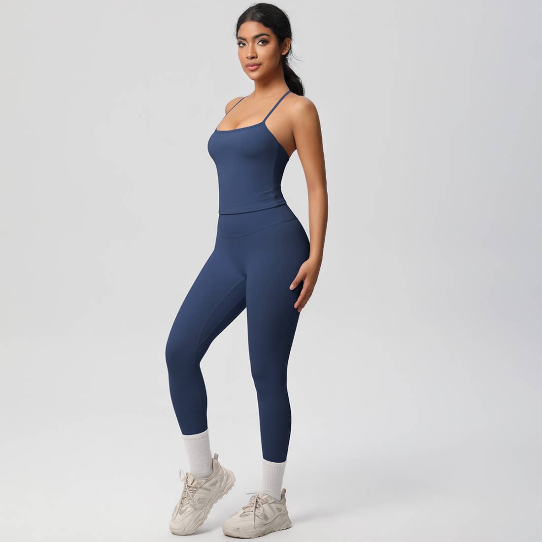 Women Tight Workout Set: Sports Bra + High Waisted Leggings: Dark Gray