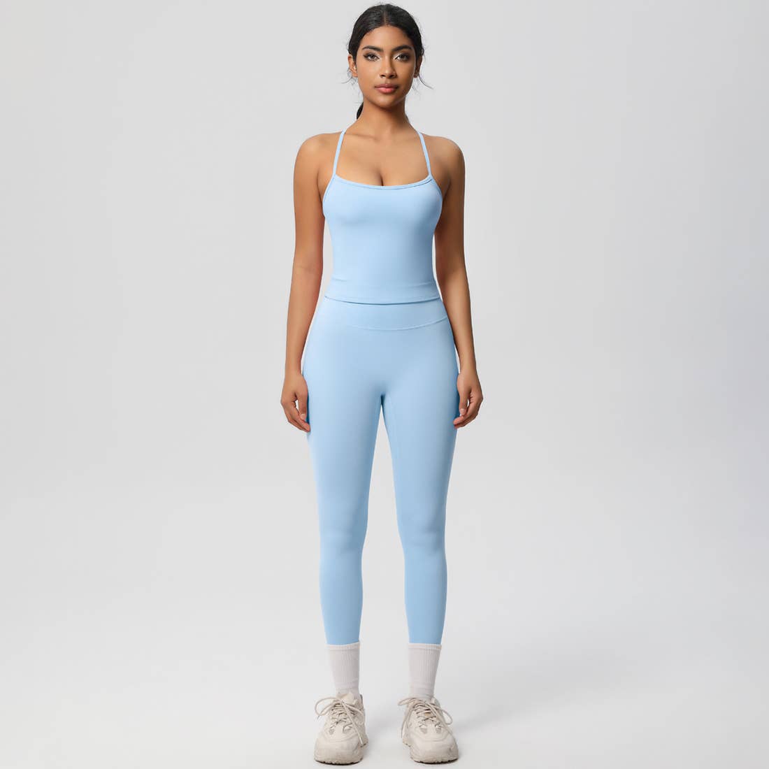 Women Tight Workout Set: Sports Bra + High Waisted Leggings: Dark Gray