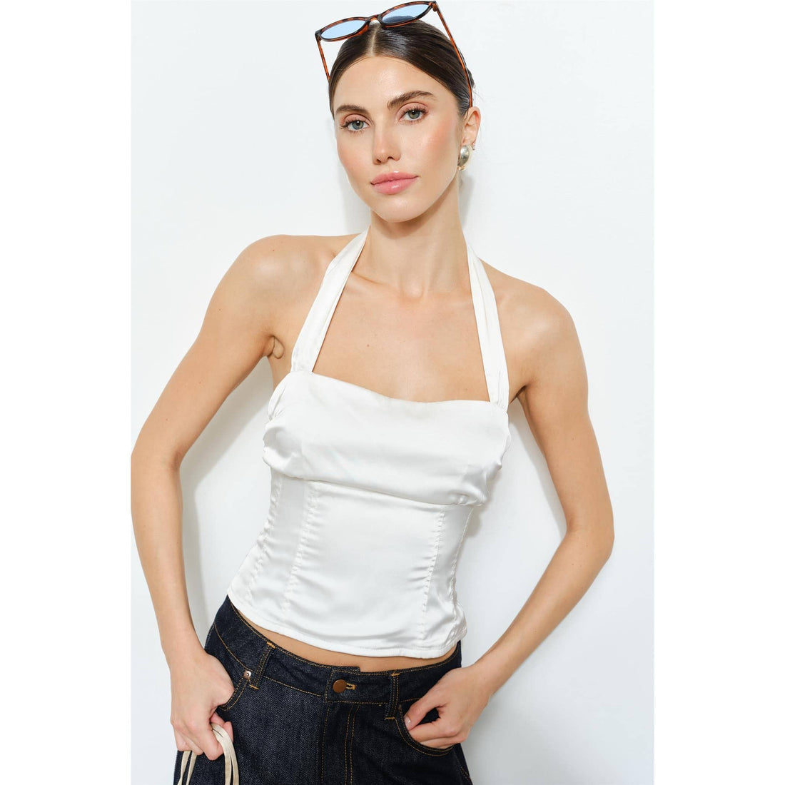 Rowena Satin Halter Top: WHITE / S-M-L(3-2-1)