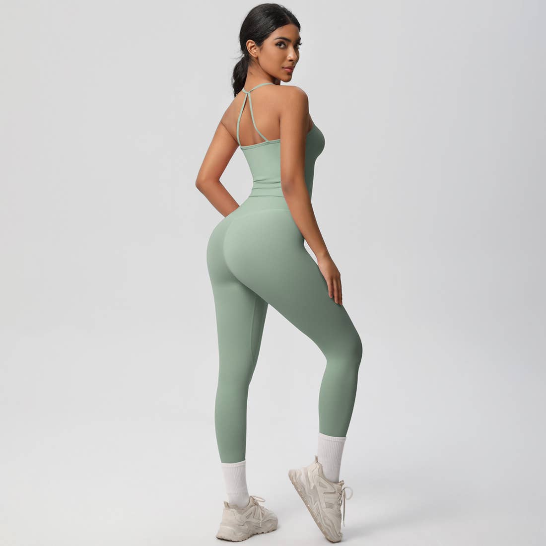 Women Tight Workout Set: Sports Bra + High Waisted Leggings: Dark Brown