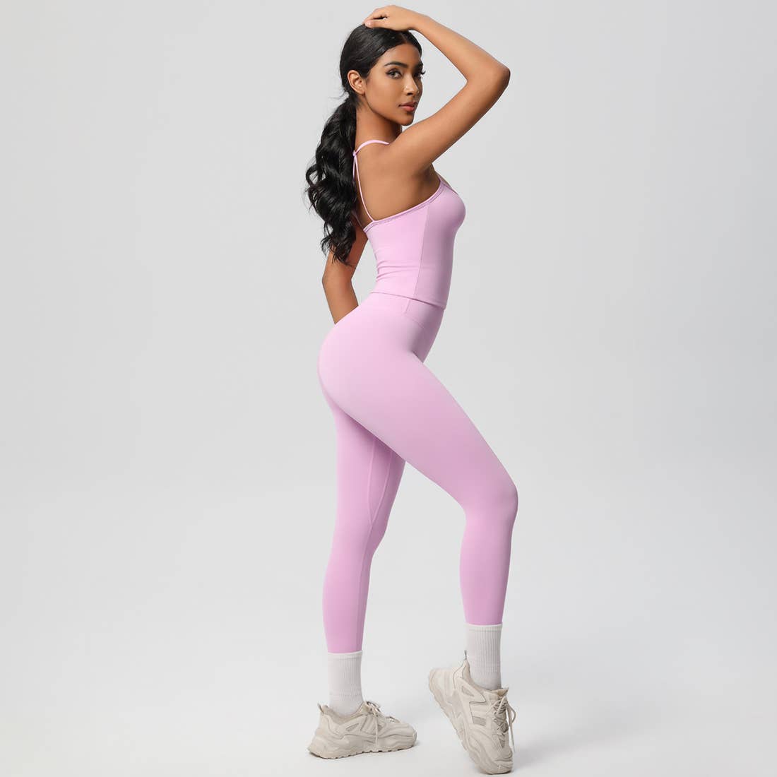 Women Tight Workout Set: Sports Bra + High Waisted Leggings: Dark Gray