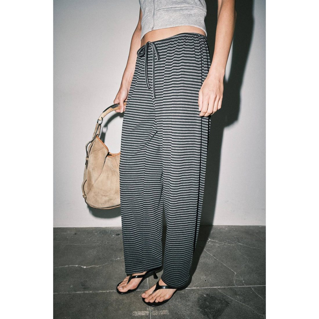 Lucienne Jersey Knit Striped Drawstring Wide Leg Pants: GRAY STRIPE / S-M-L(3-2-1)