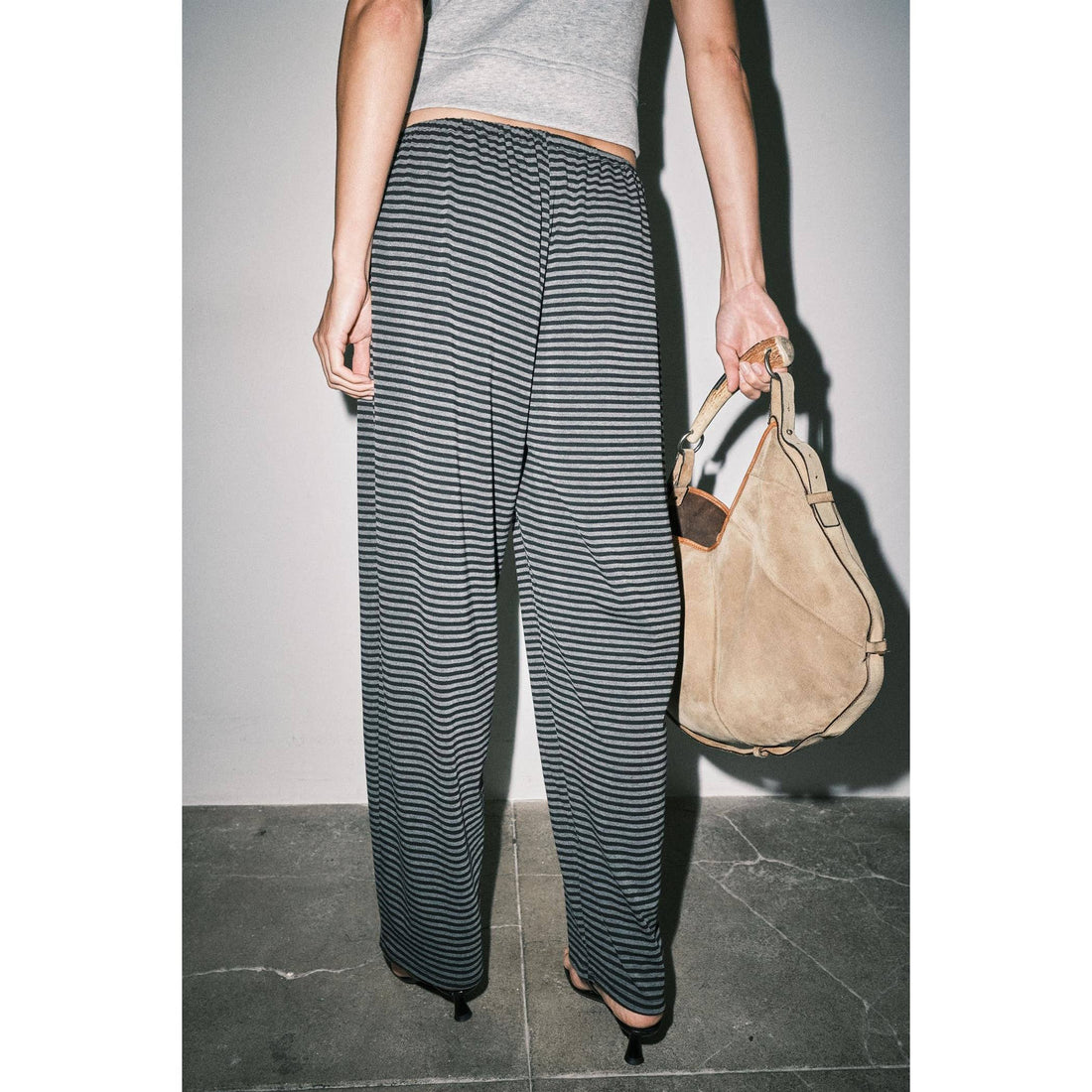 Lucienne Jersey Knit Striped Drawstring Wide Leg Pants: GRAY STRIPE / S-M-L(3-2-1)