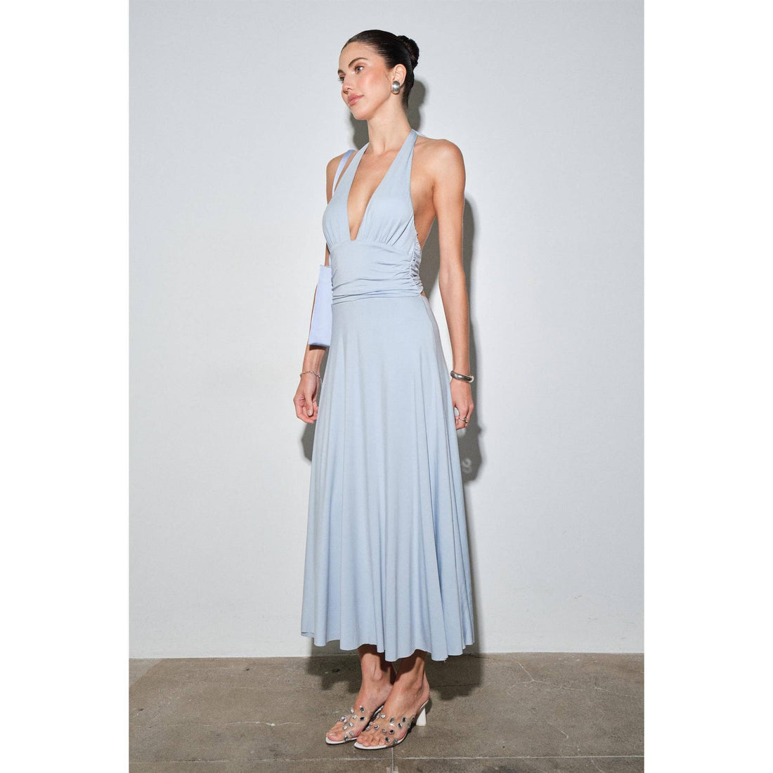 Mila Jersey Plunge Halter Ruched Waist MaxiDress: BROWN / S-M-L(3-2-1)
