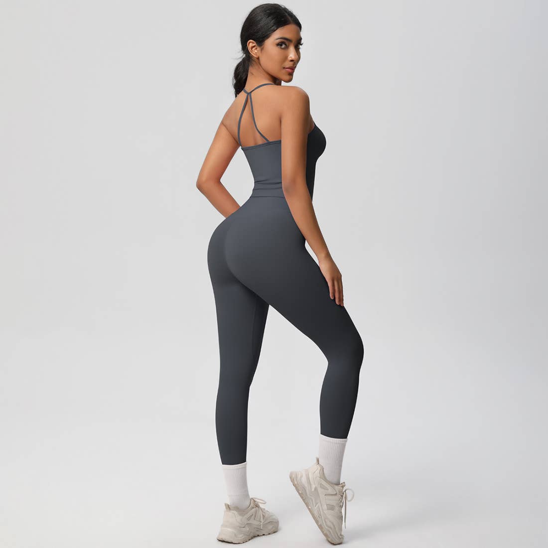 Women Tight Workout Set: Sports Bra + High Waisted Leggings: Dark Gray