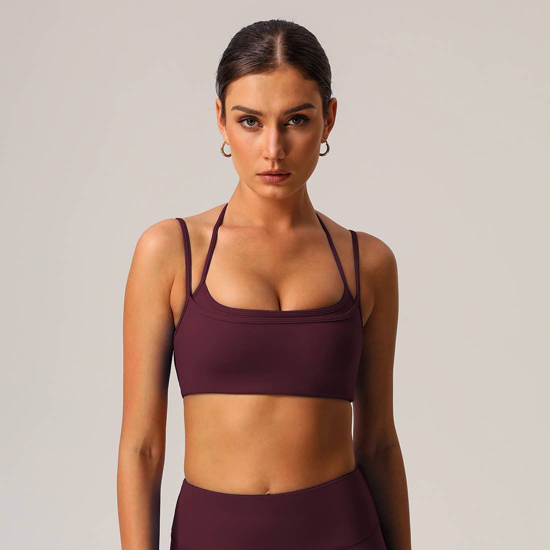 Women High Elastic Thin Strap Halter Neck Fitness Sports Bra: Black