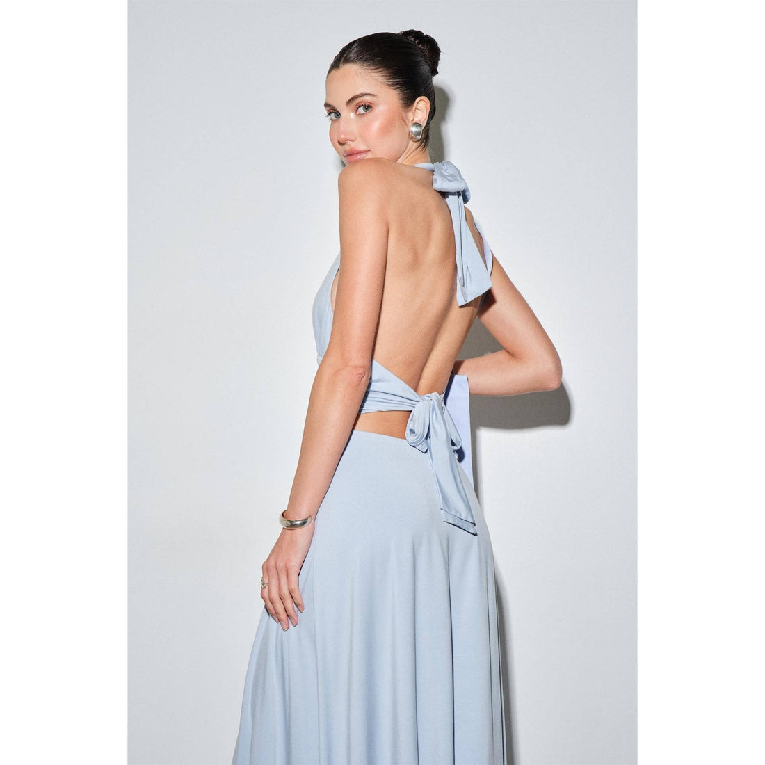 Mila Jersey Plunge Halter Ruched Waist MaxiDress: BROWN / S-M-L(3-2-1)