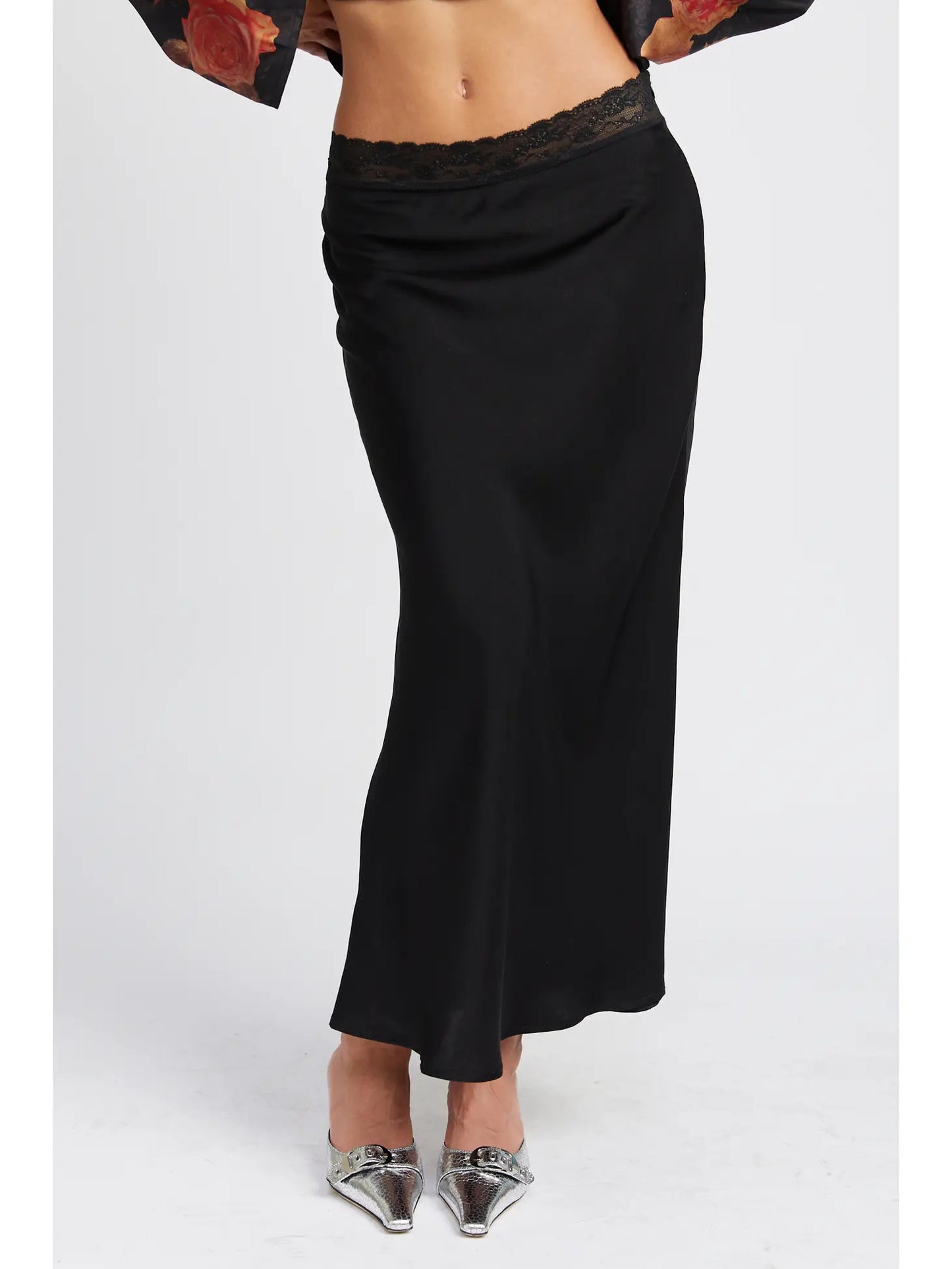 Satin Midi Skirt with Lace Detail