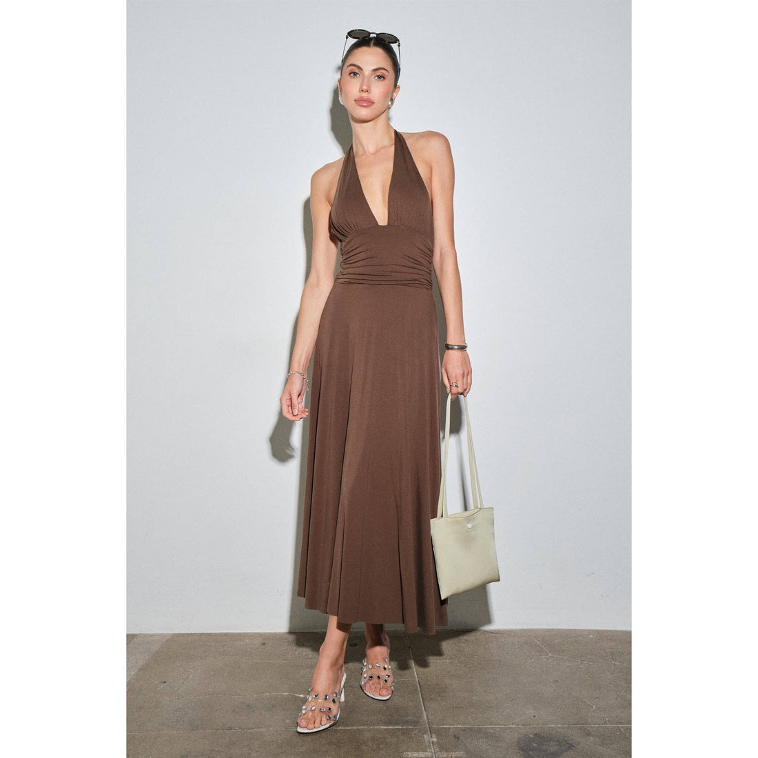 Mila Jersey Plunge Halter Ruched Waist MaxiDress: BROWN / S-M-L(3-2-1)
