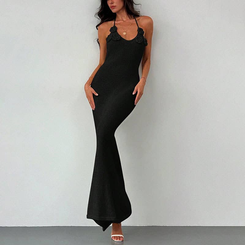 Floral Appliqué Halter Knit Maxi Dress: Black