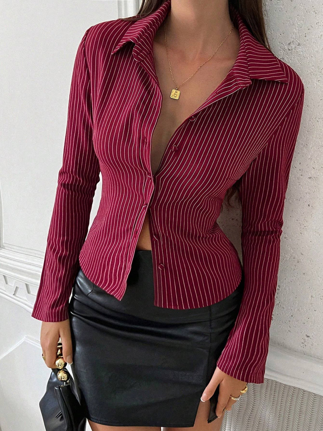 Casual Striped Shirt: Gray / Missy / S