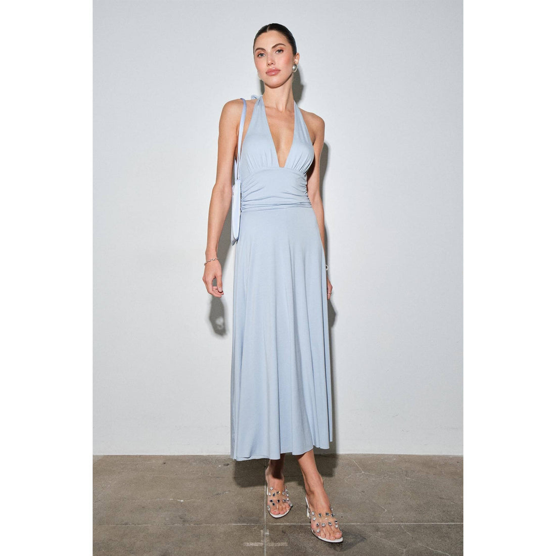 Mila Jersey Plunge Halter Ruched Waist MaxiDress: BROWN / S-M-L(3-2-1)