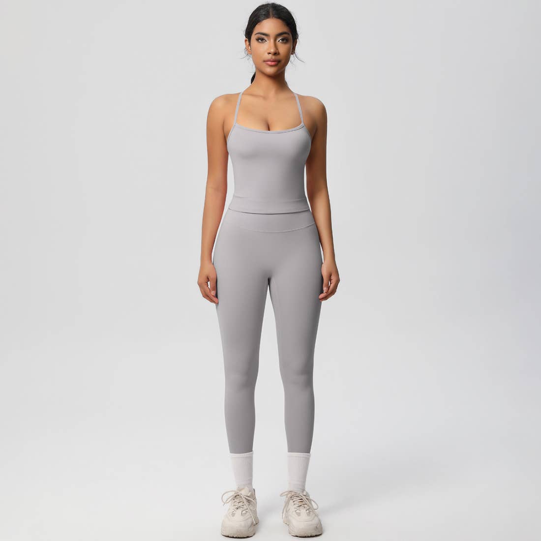 Women Tight Workout Set: Sports Bra + High Waisted Leggings: Dark Gray