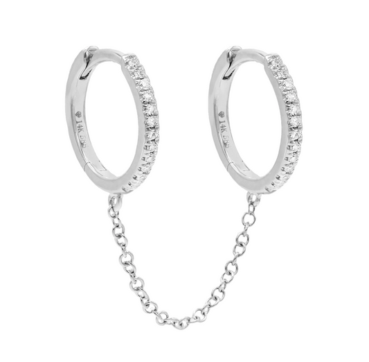 CZ Double Huggie Chain Earring- Silver