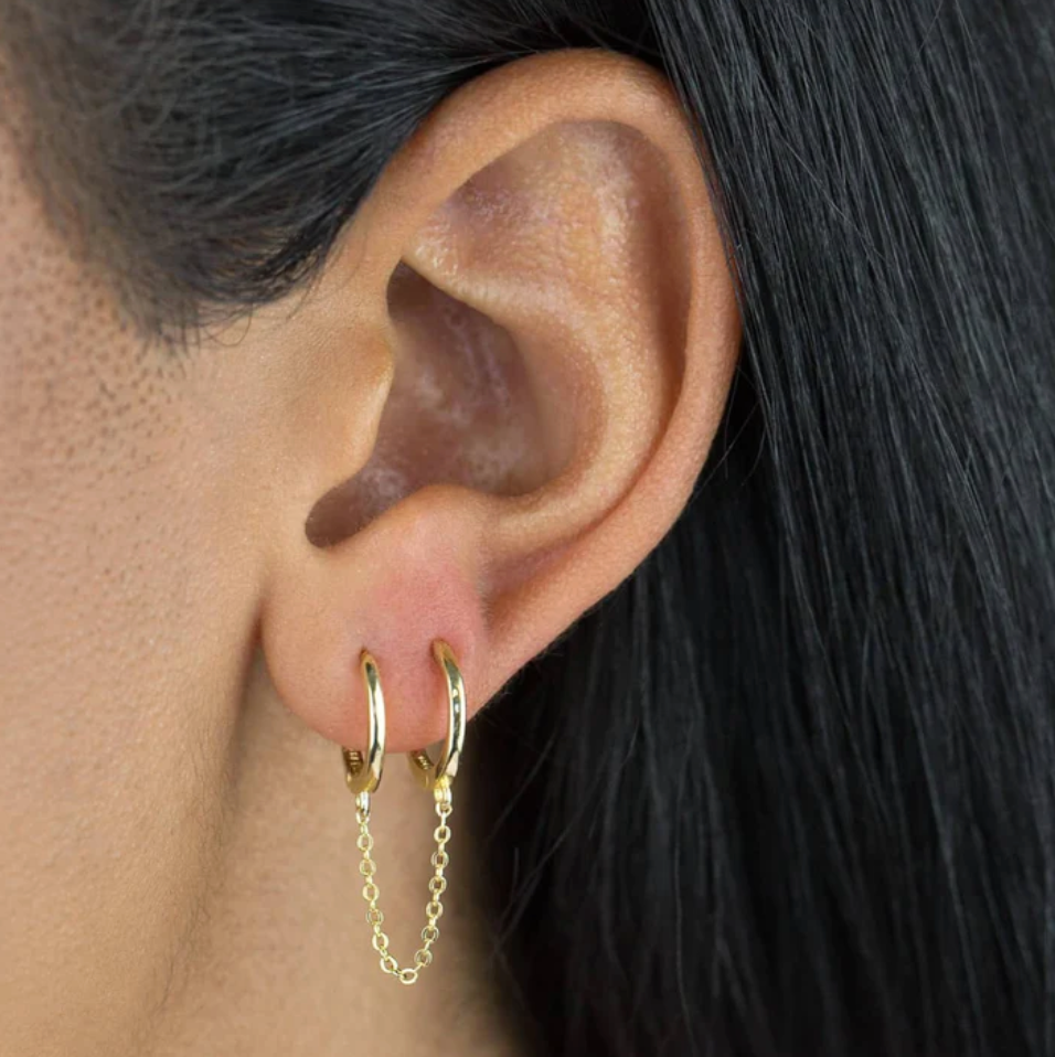 Double Huggie Chain Earring: Solid Gold
