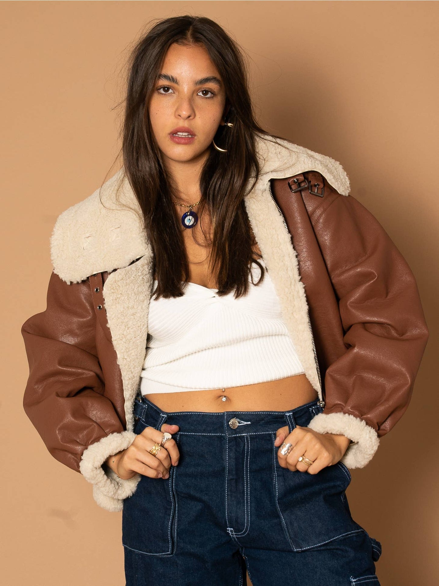 Brown Vegan Leather Crop Jacket with Borg Lining